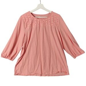 Croft & Barrow Eyelet Peasant Feminine Top 3/4 Puff Sleeve Cottage Pink Women XL